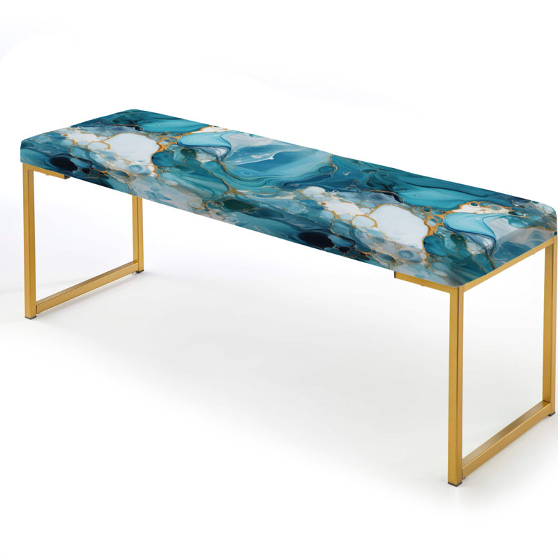 Marble Upholstered Gold Bench, Blue White Oceanic Allure Marble Pattern