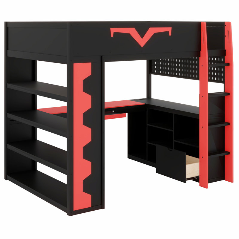 Lit mezzanine avec bureau Pro Gamer, lumières RVB, tablettes, panneau perforé et tiroir, Rouge
