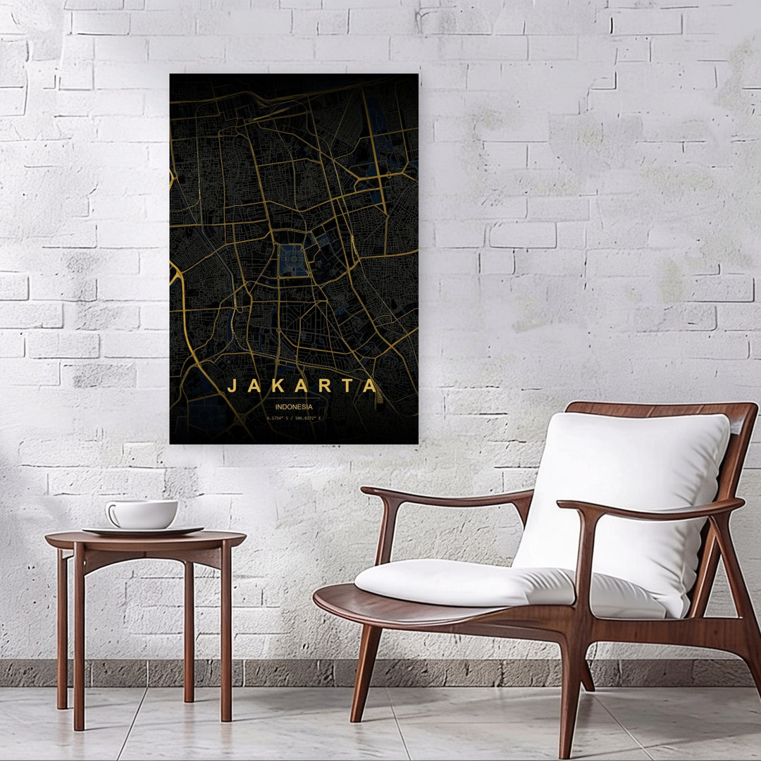 Golden Jakarta Map Abstract Minimalist Modern City Wall Art Print