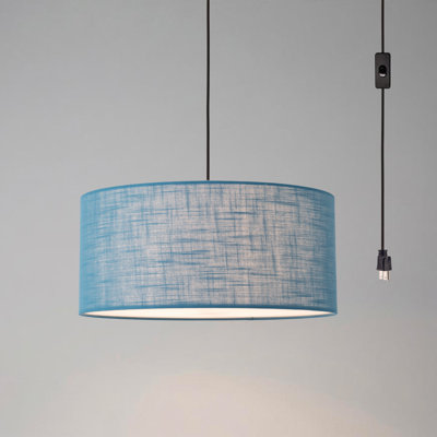 Dinardo Swag Lamp, Turquoise Linen Drum Shade, Weathered Brass, Dimmable, Bulb Included
