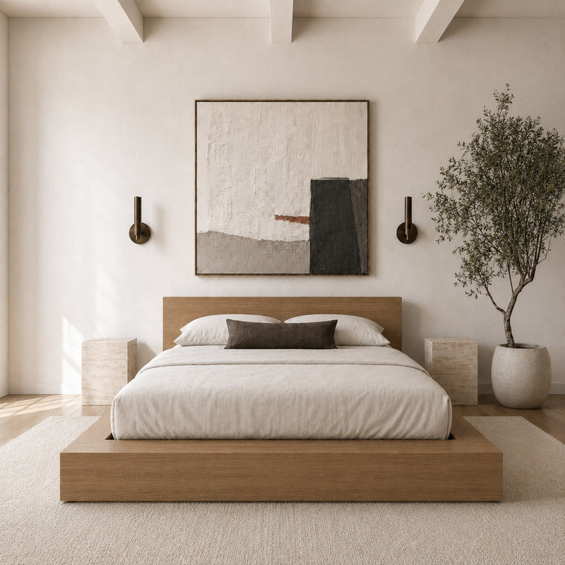 Ensemble de lit plateforme bas Makoa, Brun, Très grand lit