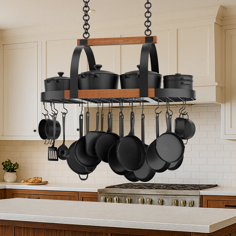 Grand support à casseroles suspendu naturel en bois massif naturel de 39 pouces avec 20 crochets noir mat, Matte Black