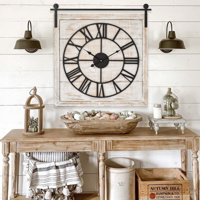 24" Barn Door Square Wall Clock, Silent Wood Framed Rustic Clock