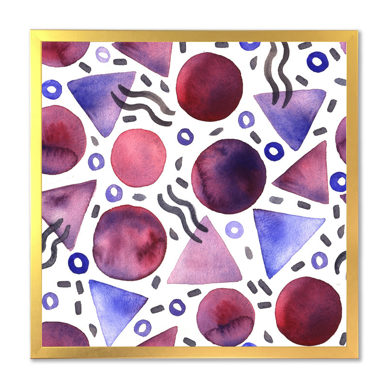 Rétro triangle mauve et cercles bourgogne - reproduction d'art sur toile moderne, H 16 po x l 16 po x P 1 po, Cadre doré