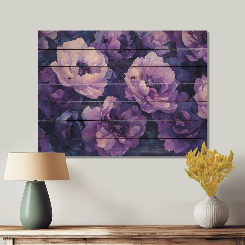 Pivoines mauves, danse de l'élégance II - art mural en bois pivoines - sur bois de pin naturel, H 34 po x l 44 po x P 0,78 po