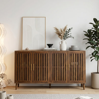 63" Mid Century Walnut Sideboard Buffet With Storage & Grille Doors, Brown Cabinets For Living Room & Kitchen
