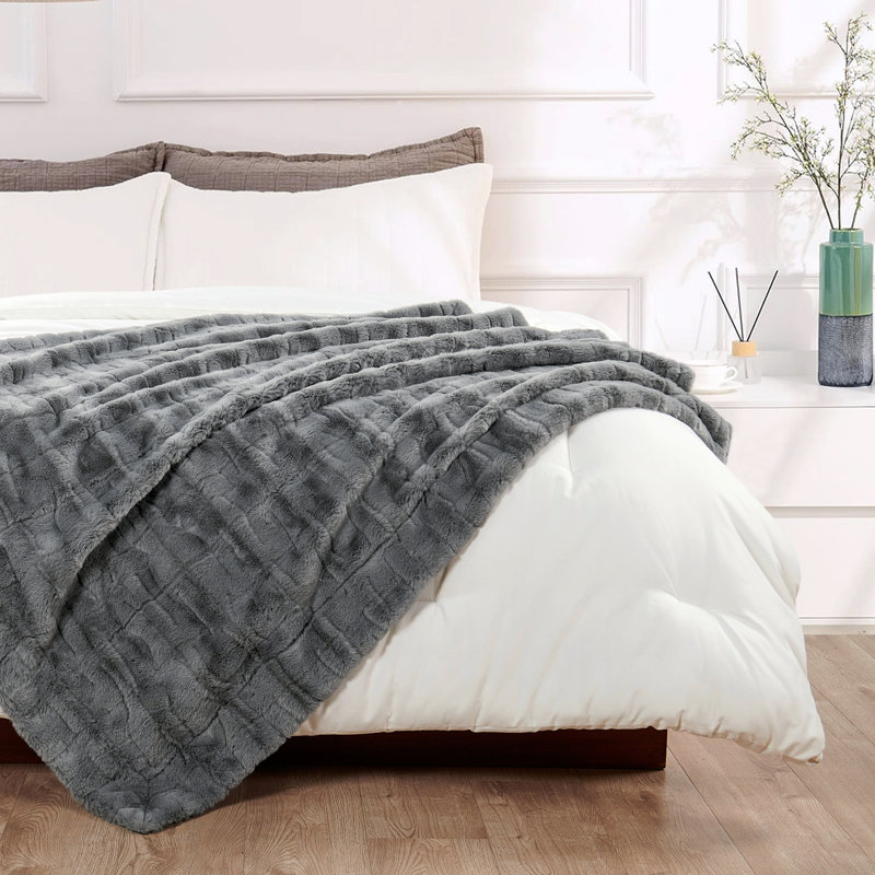 Jeté élégant en fausse fourrure, Gris, L 60 po x L 70 po