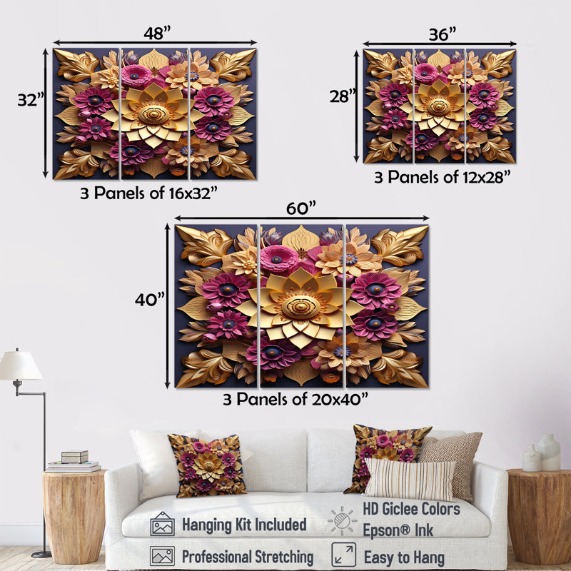 Balen - lot d'art mural lotus, Toile tendue, H 40 po x l 60 po x P 1 po