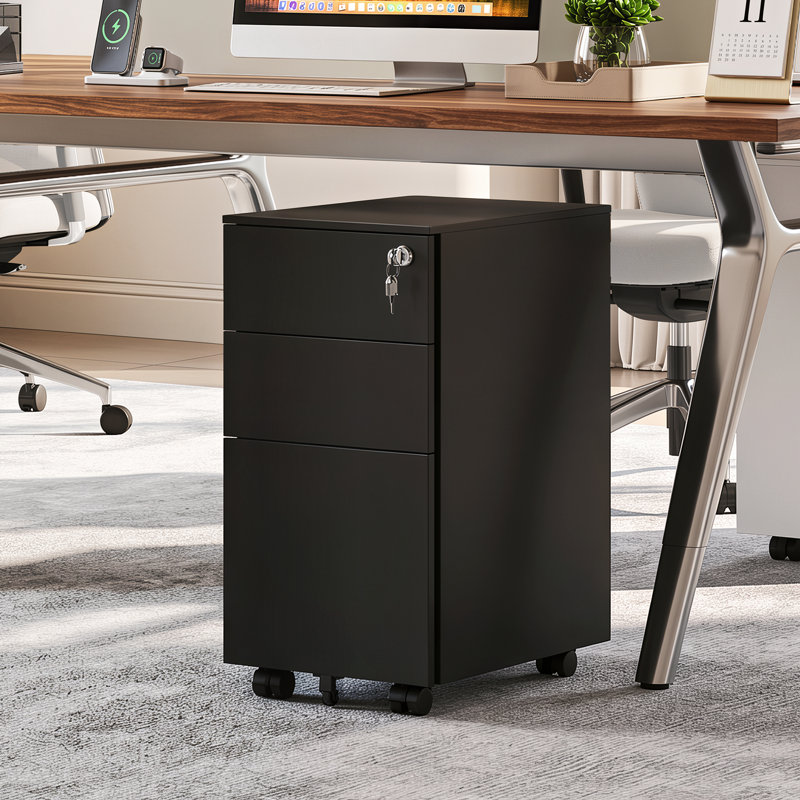 Classeur mobile à 3 tiroirs de 11,8 po de largeur Carreiro pour bureau personnel, classeur sous bois, support pour imprimante