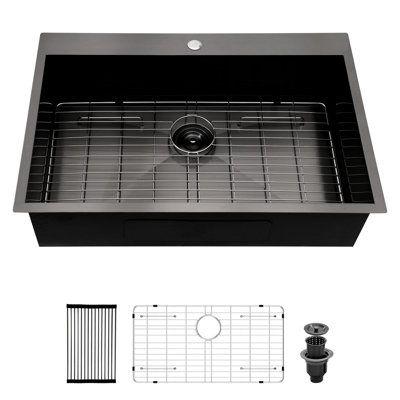 Évier de cuisine encastré de 30 po - Noir acier inoxydable. Calibre 18 en acier inoxydable. Lavabo à simple cuve. Chaleur congelée, eau. Surface facile à nettoyer. Livré avec bonde et accessoires en acier inoxydable noir. Jauge