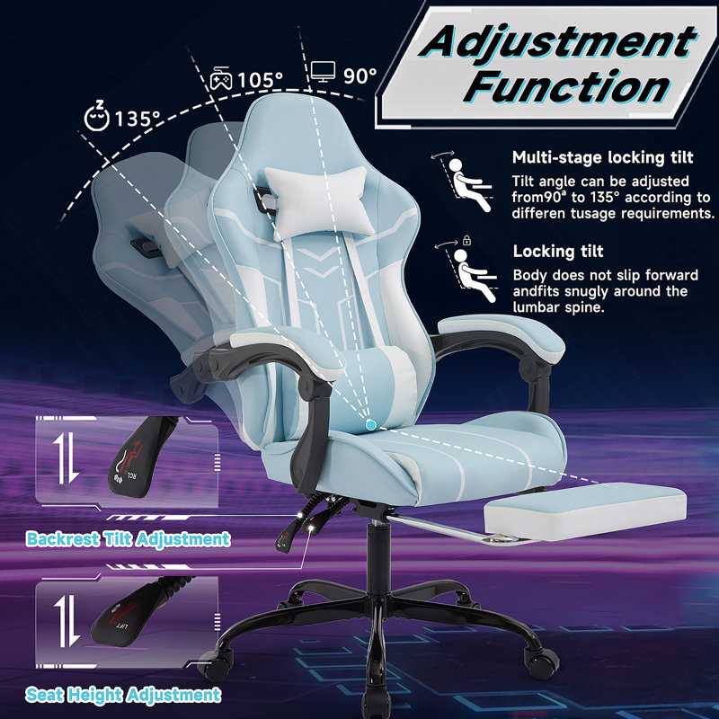 Ergonomic Gaming Chair With Footrest And Lumbar Support, Blue And White, For Comfortable And Adjustable Seating