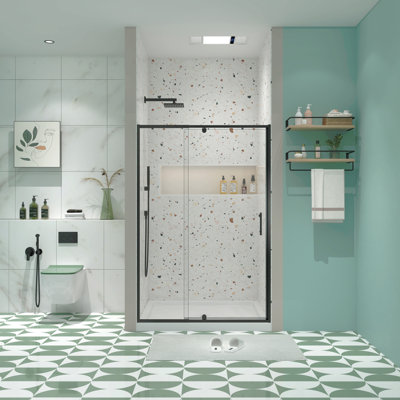 44-48" W X 71" H Piovt Swing Glass Shower Door,Pivot Frame Sliding Shower Door With 1/4"(6Mm) Clear SGCC Tempered Glass,Matte Black Finish Shower Doors,Reversible Installation