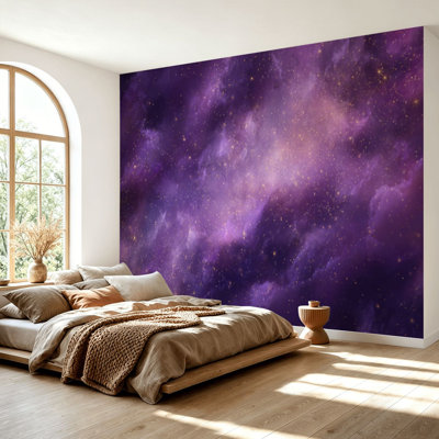 Wall Mural Peel and Stick Wallpaper Purple Nebula Glittering Stars Cosmic Self-Adhesive Removable Contact Paper Wall Decor for Living Room Bedroom 69"H x 96"W