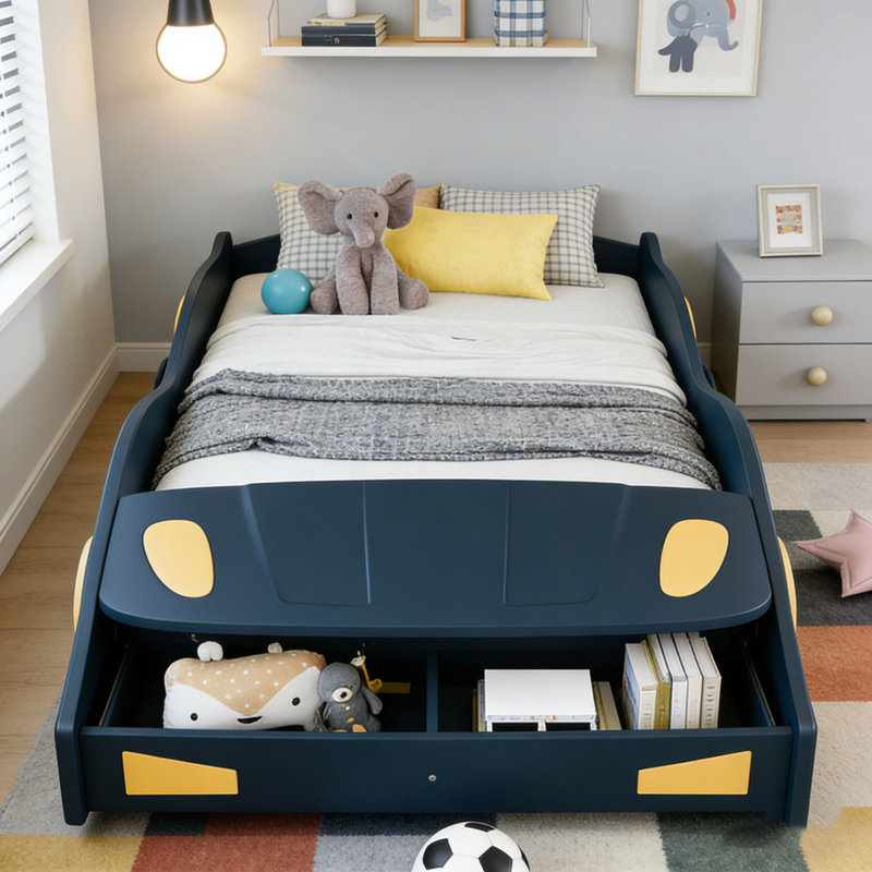 Lit plateforme avec roulettes et rangement Race, Lit simple, Bleu foncé et jaune