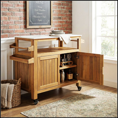 Chariot-bar d'extérieur durable en bois d'acacia avec plateau en acier inoxydable, parfait pour les réceptions et le rangement