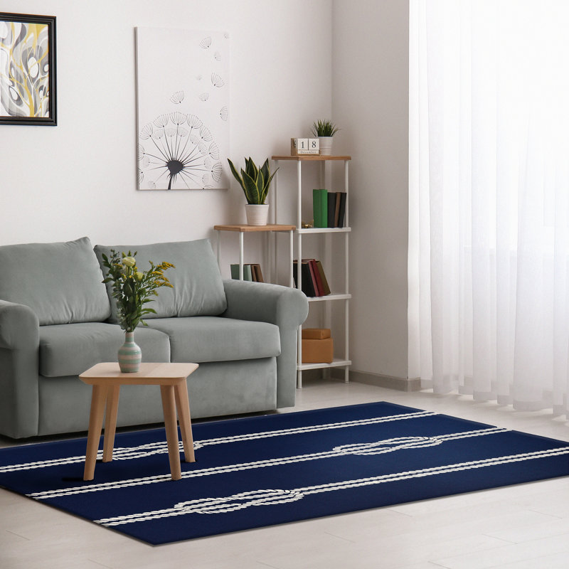 Tapis touffeté à la main en polyester bleu marine / ivoire, Rectangle 5 pi x 7 pi 6 po