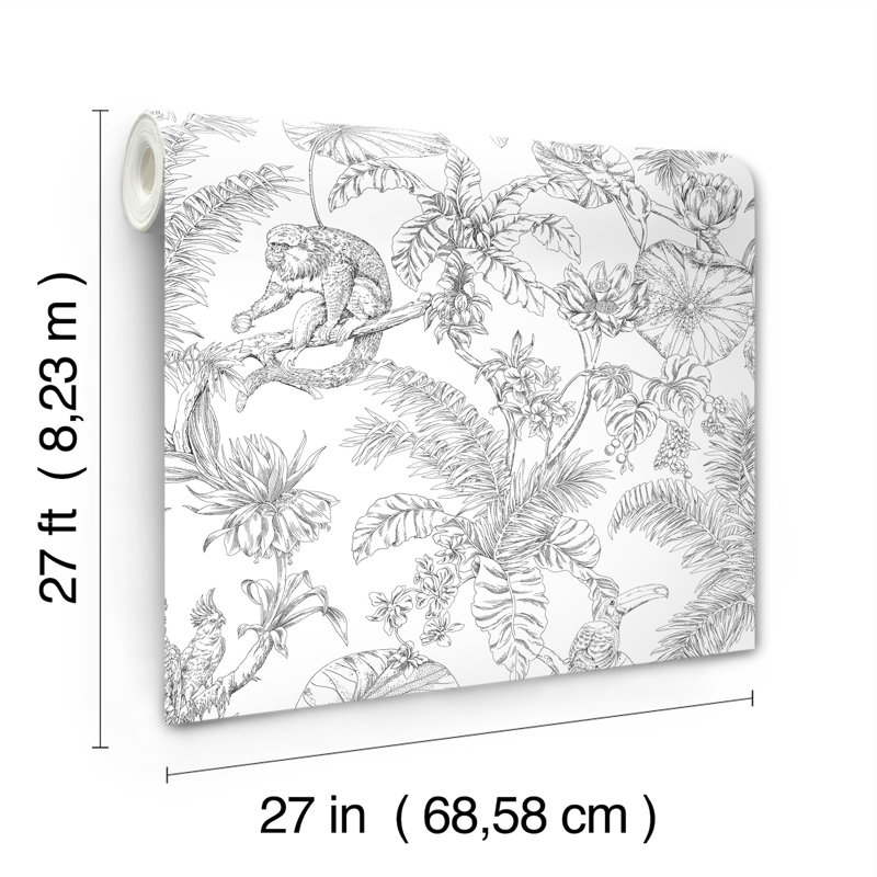 Tropical Sketch Toile Vinyl Wallpaper Roll, Black