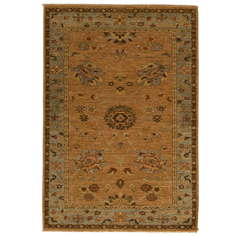 Tapis brun / vert / rouille de haute qualité noué à la main