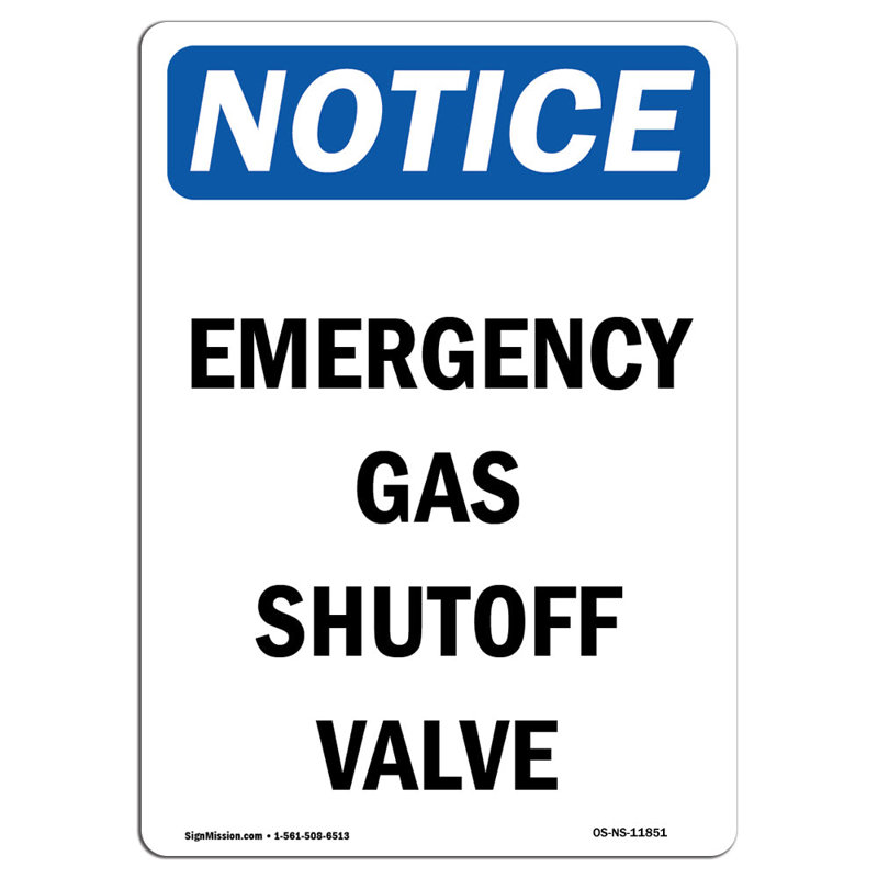 Panneau de soupape d'arrêt de gaz avis d'urgence, H 18 po x l 12 po x P 0,1 po