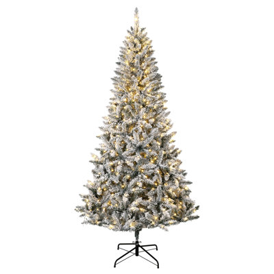 7.5FT Pre-Lit Flocked Christmas Tree with Warm White LED Lights, Snowy PVC Branches and Metal Stand, Tall Artificial Holiday Tree for Home, Office, Restaurant and Commercial Decoration