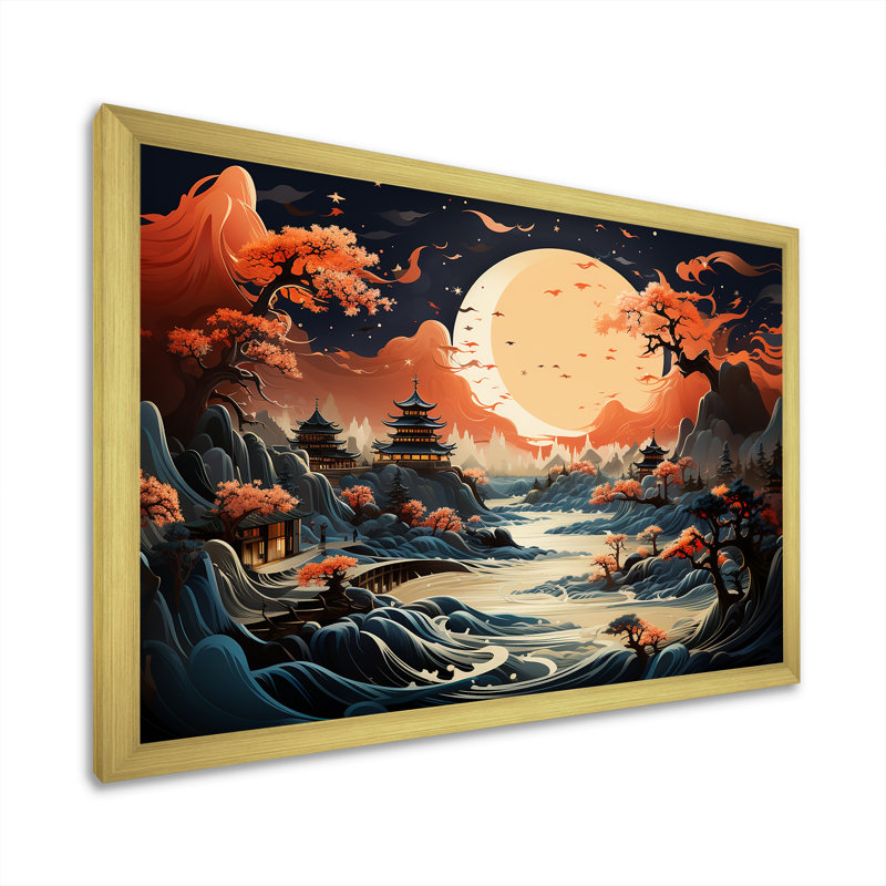 «China Mountain and River Landscape Bliss II», art mural Chine, Cadre d'angle fermé doré, H 12 po x l 20 po x P 1 po