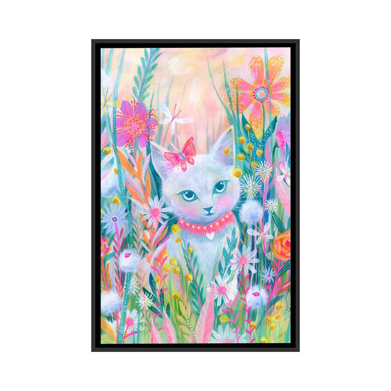 « jardin kitty », peinture sur toile tendue, H 26 po x l 18 po x P 1,5 po, Toile avec cadre noir, Pas de tapis