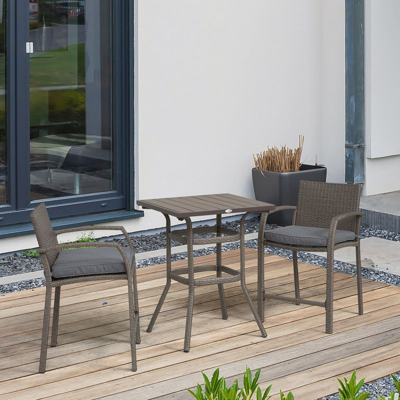 Ensemble de bar d'extérieur en osier avec fabrication robuste et tabourets confortables, Gris, Gris