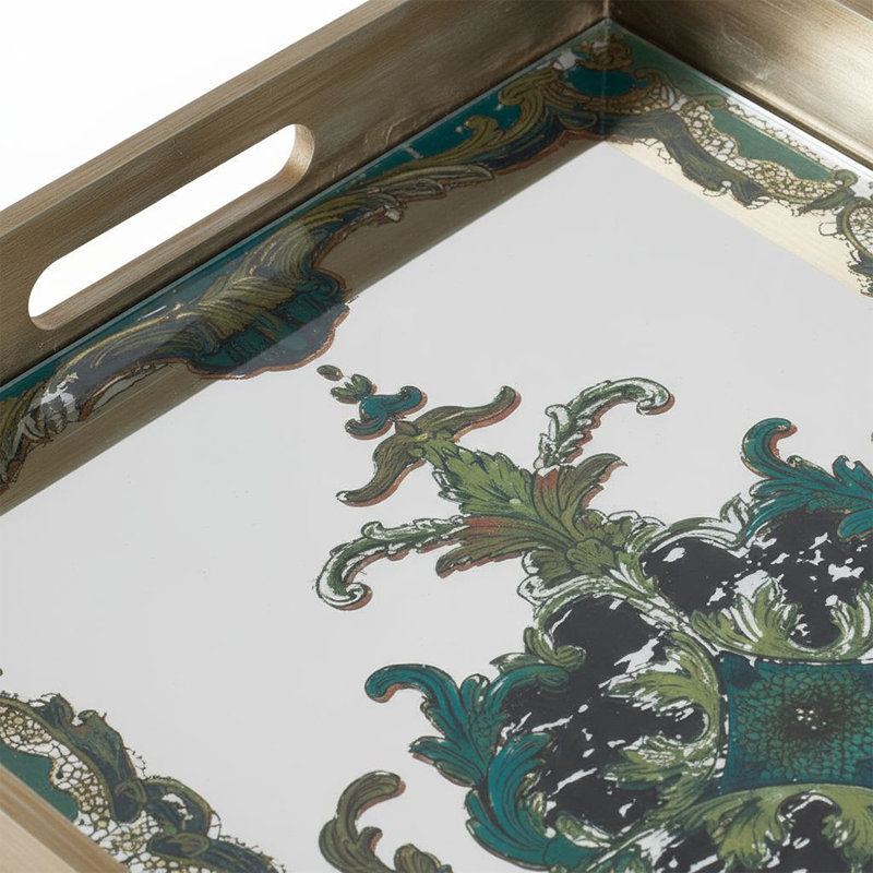 Rectangular Mirrored Wood Tray, Decorative Mediterranean Pattern Mirror Serving Tray
