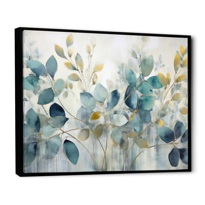 «Blue Botanical Rhythms II - Abstract Botanicals», art mural sur toile, Reproduction avec cadre flottant, H 16 po x l 32 po