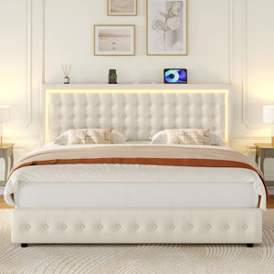 Gamache LED Bed, Storage Platform Bed with USB Ports & Drawers, Adjustable Headboard, Velvet, Off white Queen Size 