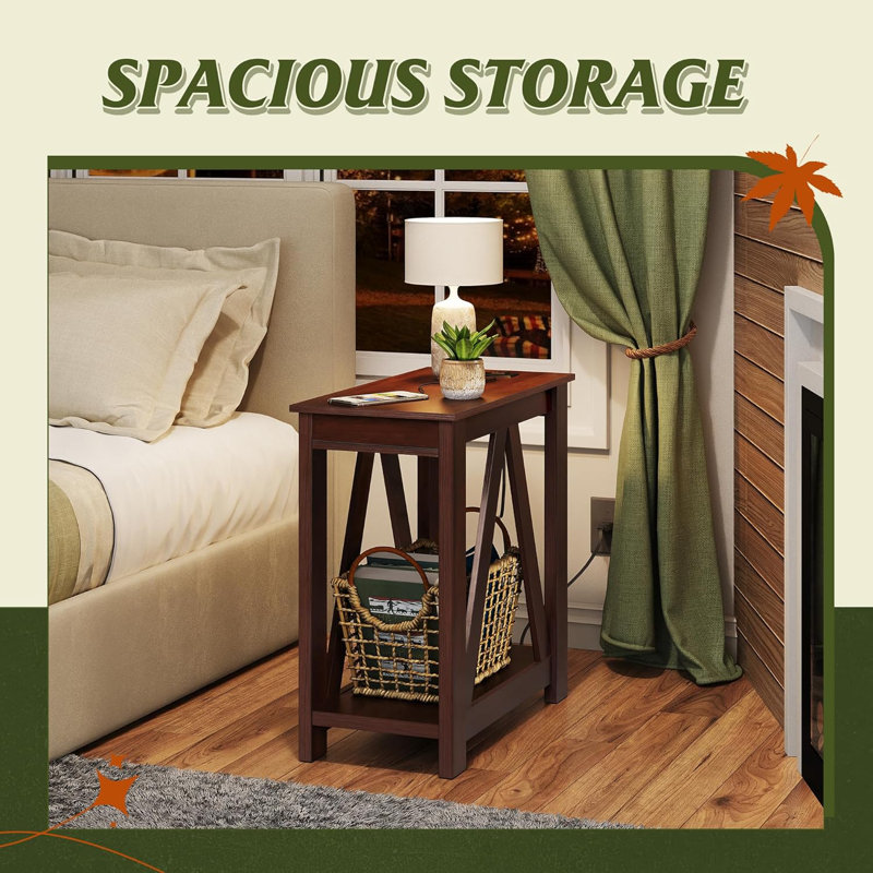Narrow End Table With Charging Station And Storage Shelf,Farmhouse Slim Sofa Side Table With 2 USB Ports And 2 Power Outlets