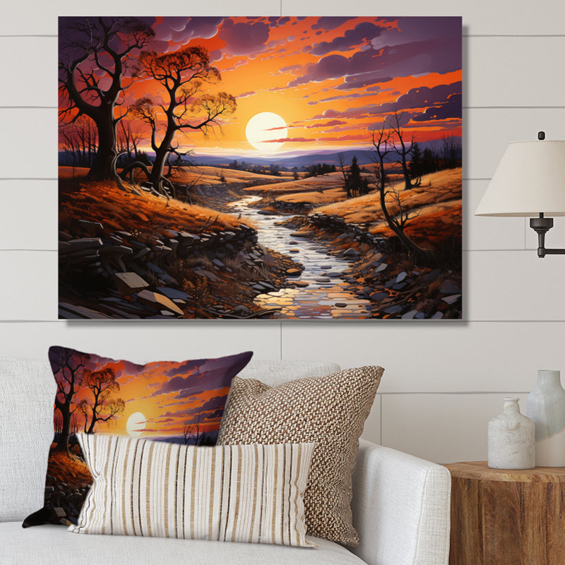 Coucher de soleil peint ciel pastoral, H 34 po x l 44 po x P 1,5 po, Toile tendue