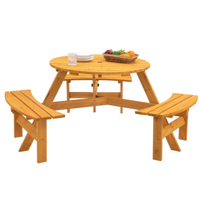 Table de pique-nique circulaire en bois pour 6 personnes pour patio, cour arrière, jardin, bricolage avec 3 bancs intégrés, capacité de 1720 lb - Naturel