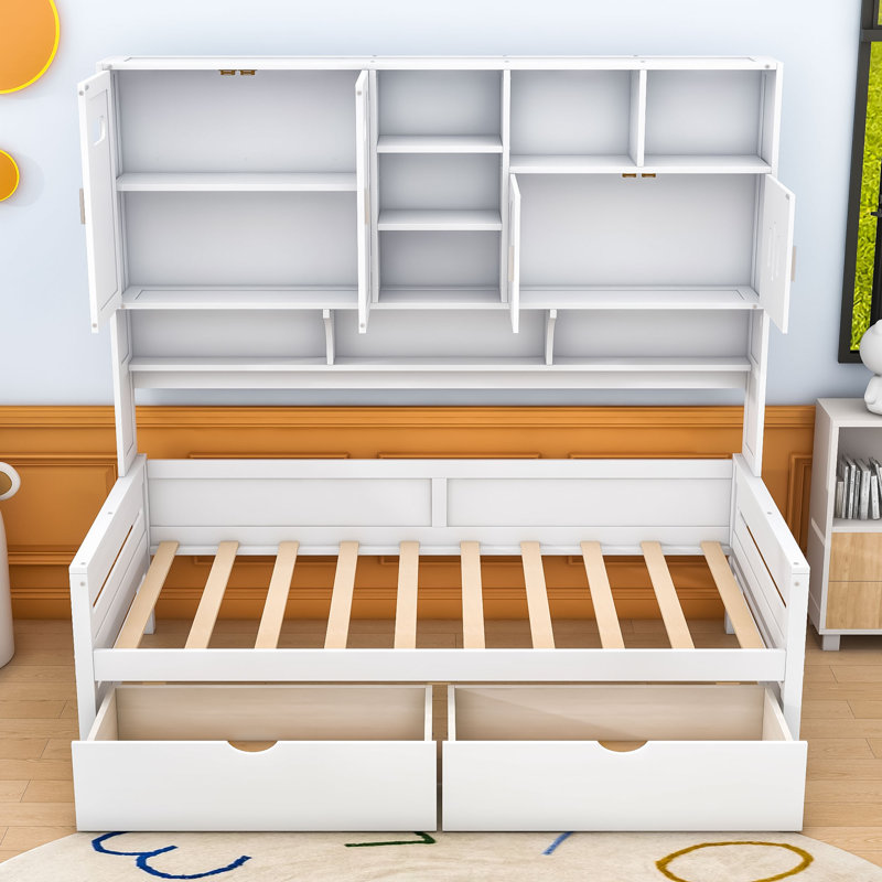 Lit de jour en bois avec deux tiroirs, tablettes et armoire tout-en-un, Lit simple, Blanc