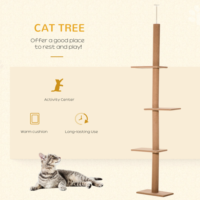 Grande structure d'escalade pour chat, plancher-plafond avec poteaux à griffer, centre d'activité brun pour chatons curieux, quatre plateformes de jeu, actif