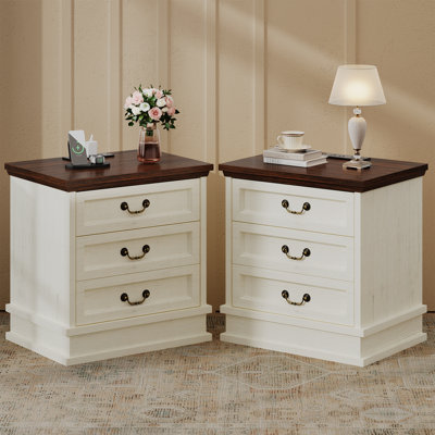 Table de chevet rustique en bois de 56 cm avec station de recharge intégrée, table de chevet carrée à 3 tiroirs avec ports USB et prises secteur, meuble de rangement rustique pour chambre à coucher, table d'appoint pour salon, noire