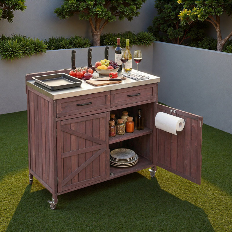 Îlot de cuisine extérieur avec plateau en acier inoxydable, grand tiroir, tablettes réglables, supports de rangement internes et 4 roulettes