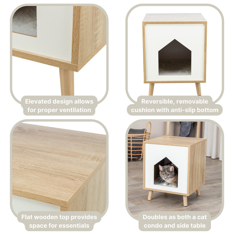 Modern Oak and White Cat Condo Side Table with Cushion