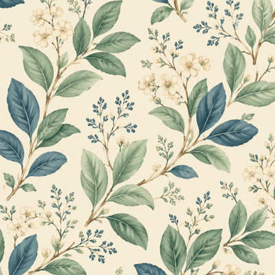 Papier peint adhésif à motif floral feuilles vertes, bleues et beiges l 17,7 po x H 118 po auto-adhésif amovible pour locataires