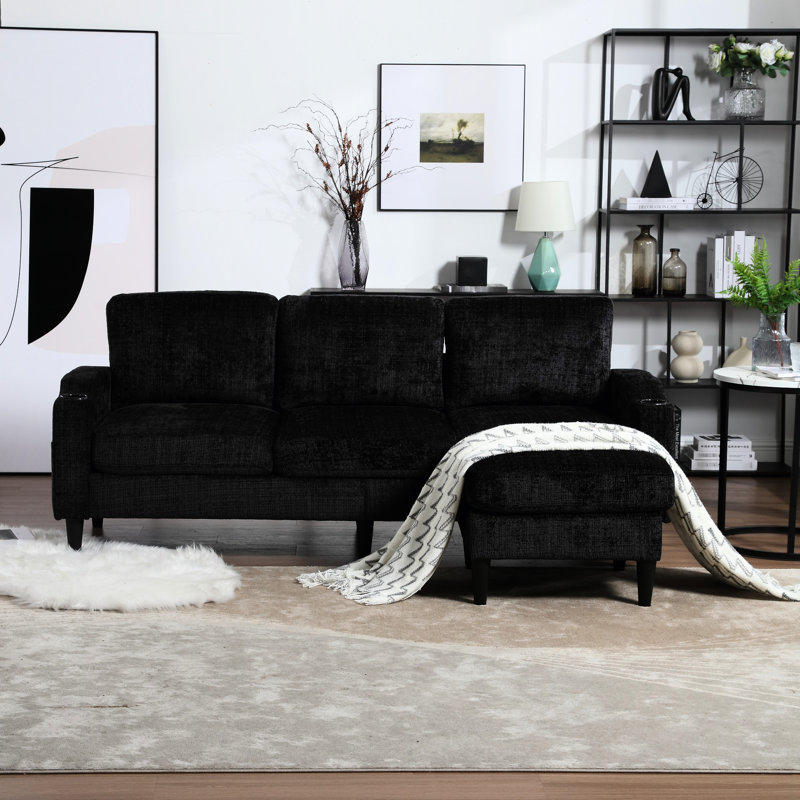 Canapé modulaire en chenille avec rangement et porte-gobelet, Black