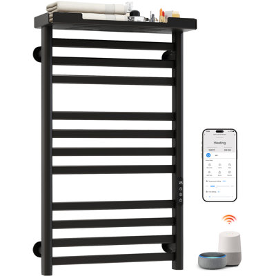 ENZE Smart Heated Towel Rack, 11-Bar Wall-Mounted Electric Towel Warmer 290W with Shelf, Wi-Fi App Control & LED Touch Screen, Adjustable Temperature & 24H Timer, IPX5, Plug-in/Hardwired, Matte Black