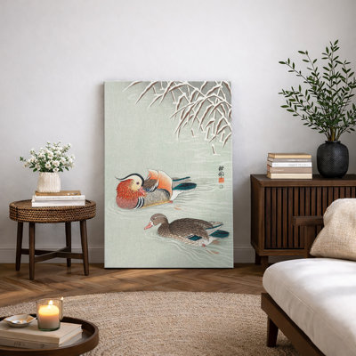 Mandarin Ducks on Water Artwork, Elegant Bird Pictures, Framed Canvas Giclee Print Wall Art
