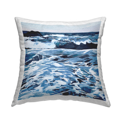 Blue Coastal Waves Printed Outdoor Throw Pillow Design by Melissa Wang