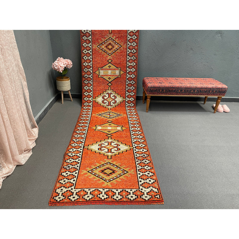 Tapis de couloir en laine à motif géométrique orange 35,8 x 147,6 pouces
