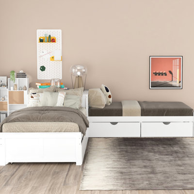 Lit plateforme simple en forme de L blanc avec lit gigogne, tiroirs et bureau - rangement spacieux et construction fiable