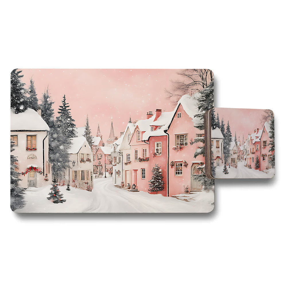Winter Village Pink Snow Placemats and Coaster Set