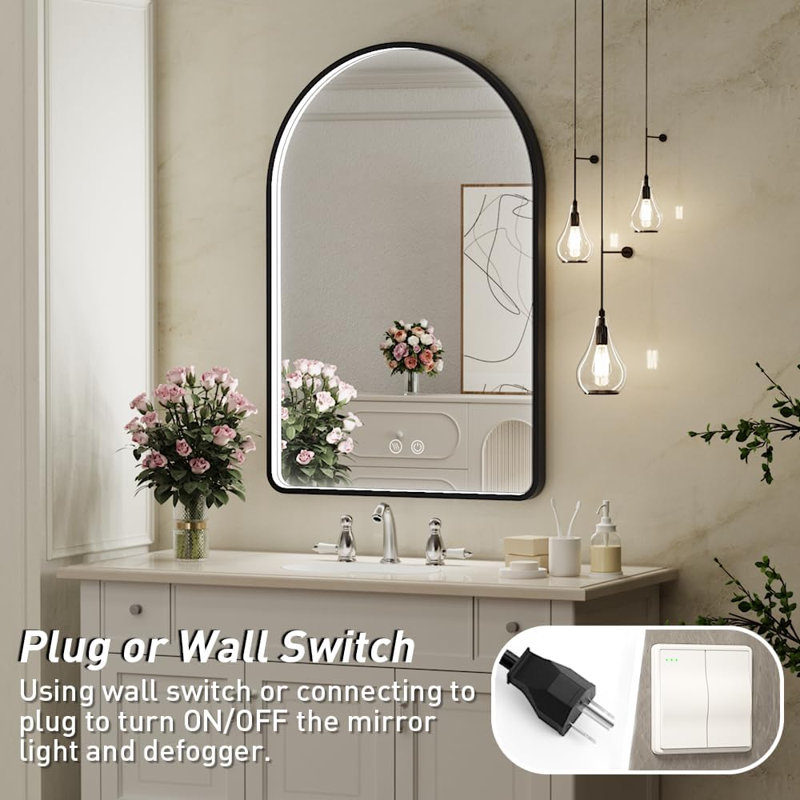 Miroir arqué 24 po x 36 po à DEL avec cadre noir pour salle de bain avec lumières