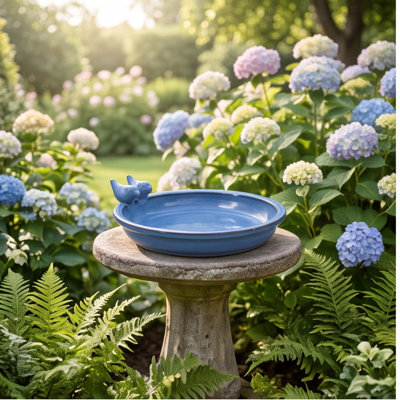 11.8-Inch Handmade Ceramic Bird Bath, Light Blue with Silver Sheen, Vintage Bird Ornaments, Outdoor Birdbath Bowl for Garden, Patio, Backyard