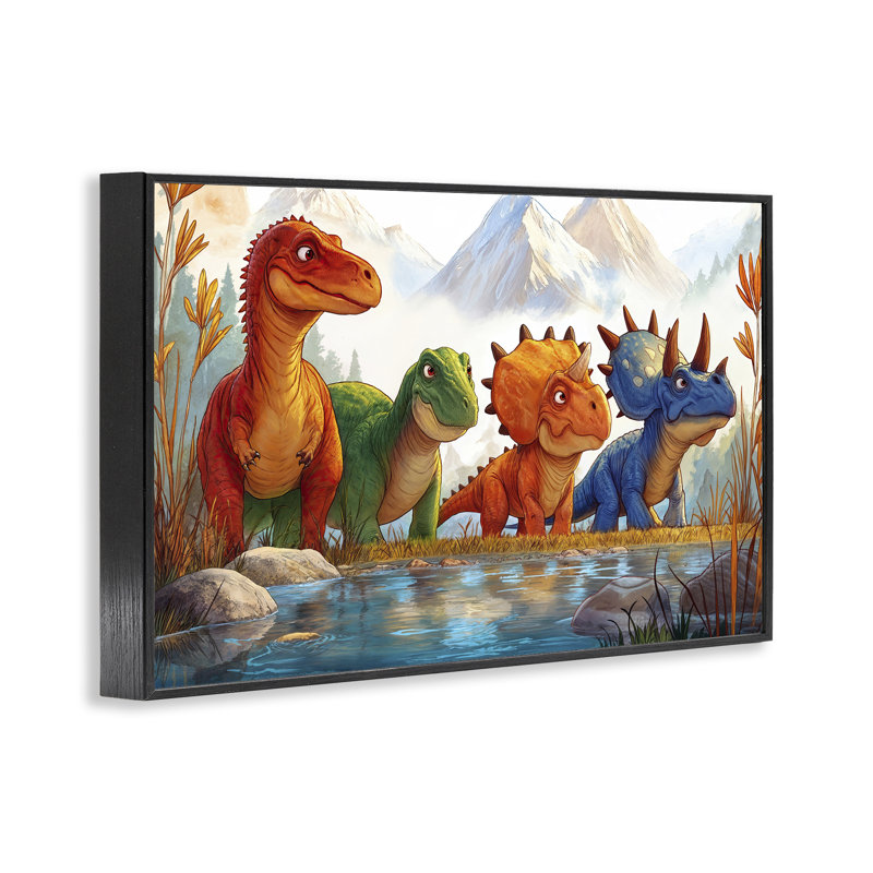 Quatre dinosaures au bord de l'étang, estampe numérique, design par Wumples, H 16 po x l 24 po, Giclée encadrée noir minuit