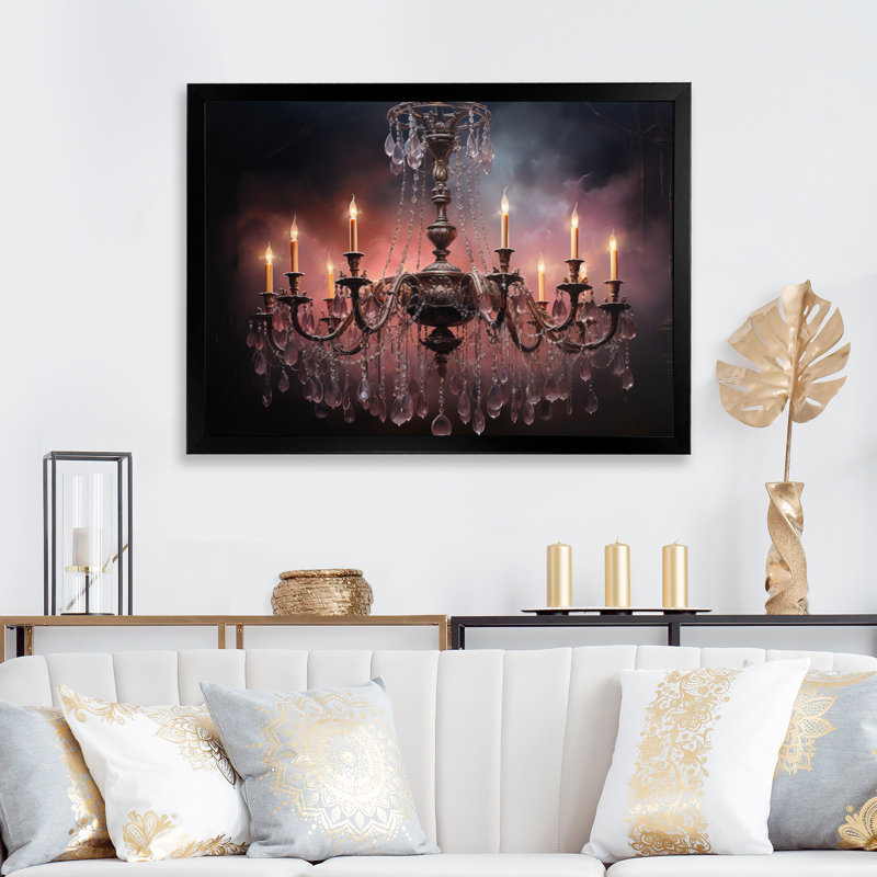 «Chandelier Whispering Shadows I», reproduction sur toile, Cadre photo noir, H 24 po x l 32 po x P 1 po